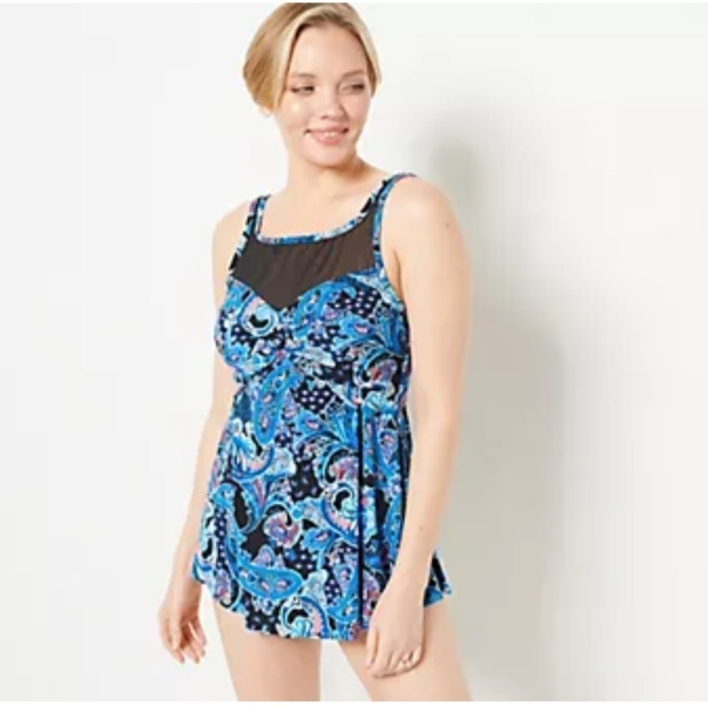 DREAM SHAPER BY MIRACLE SUIT DAISEY HIGH MESH NECK TANKINI BLACK BOTTOMS NEW